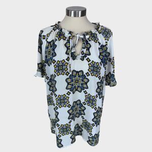 Liz Claiborne Career XL Short Sleeve Blouse Tie Neck White w/ Blue Yellow Print